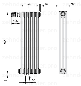 Схема (чертеж) Радиатор Zehnder Charleston 3150/5 №V007 Белый глянцевый RAL 9016